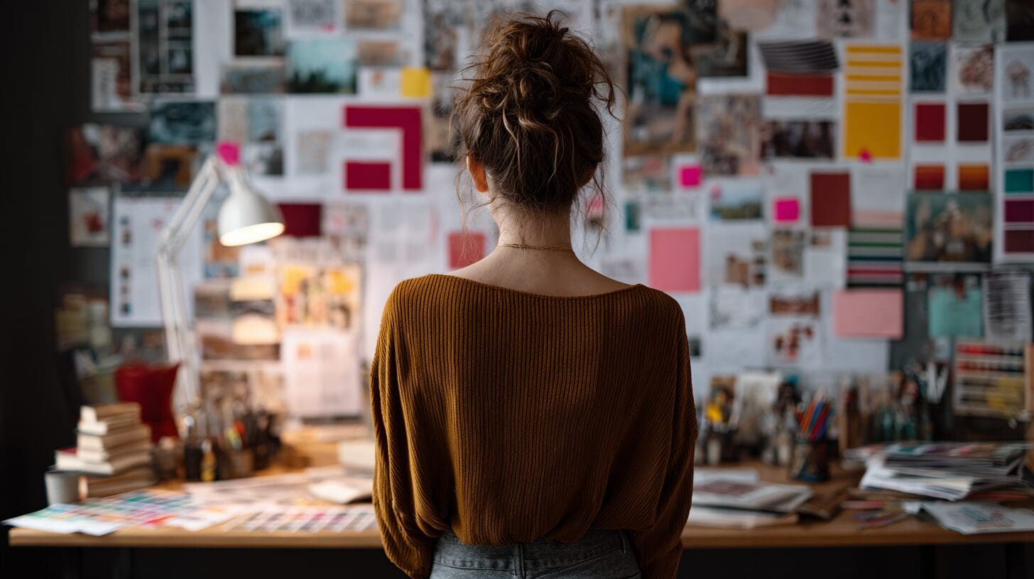 woman standing in front of a branding moodboard.
