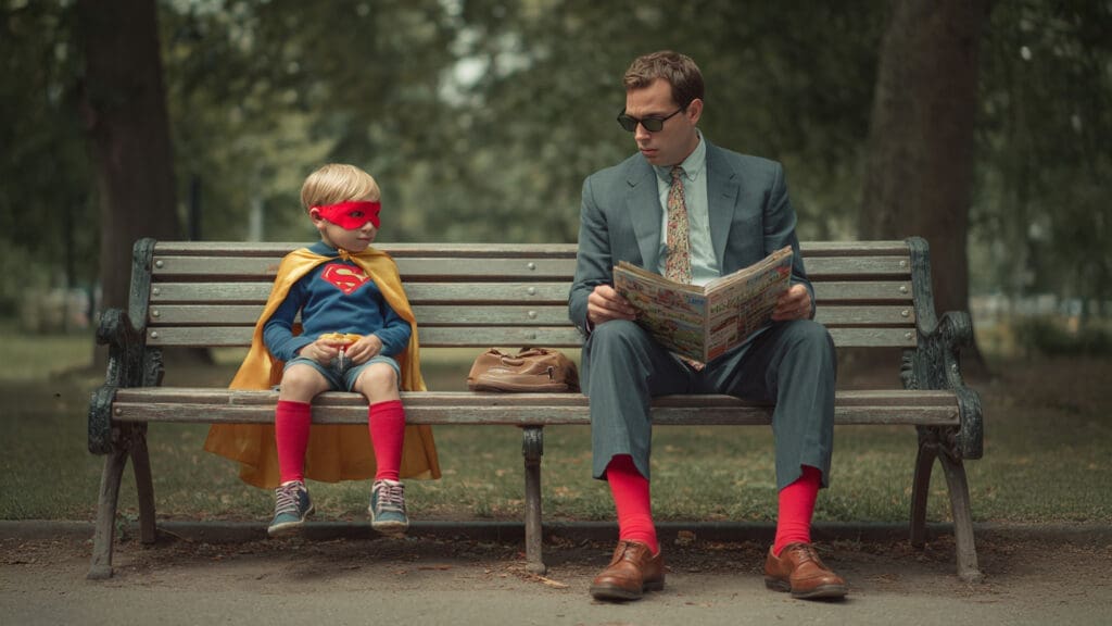 Storytelling boy on bench